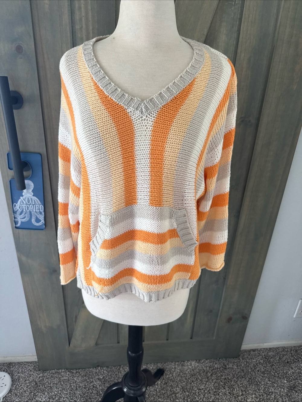 Wooden Ships Orange and Cream Striped V-Neck Pocket Sweater